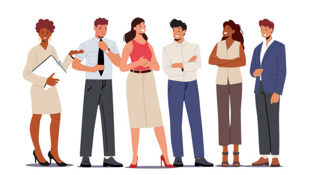 illustrazioni stock, clip art, cartoni animati e icone di tendenza di uomini d'affari personaggi maschili e femminili squadra stare insieme. uomini d'affari e donne d'affari manager gioiosi colleghi - business people illustrations