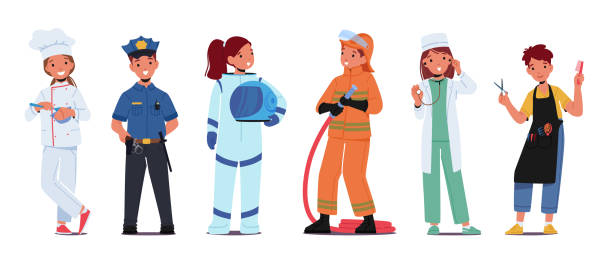 Kid Profession Chef, Policeman, Astronaut, Firefighter, Doctor, Hairdresser Characters. Children Choose Occupation Kid Profession Chef, Policeman, Astronaut, Firefighter and Doctor with Hairdresser Characters. Children Choose Occupation, Playing Role Games, Future Career Concept. Cartoon People Vector Illustration astronaut clipart stock illustrations
