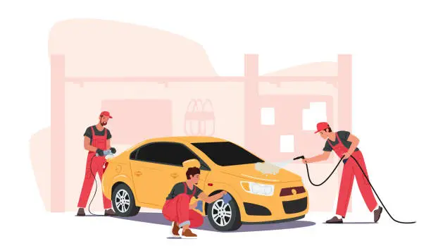 Vector illustration of Cleaning Company Employees Male or Female Characters Work Process. Car Wash Service Concept. Men Workers Wear Uniform