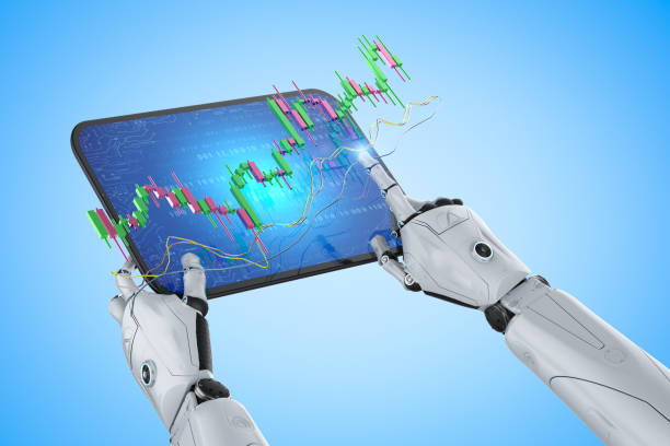 istock Trading robot with ai robot with digital tablet display candle stick graph 1398555175