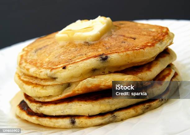 Chocolate Chip Pancakes Stock Photo - Download Image Now - Chocolate Chip, Pancake, Syrup