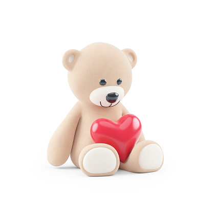 3d illustration of teddy bear with heart, isolated on white background