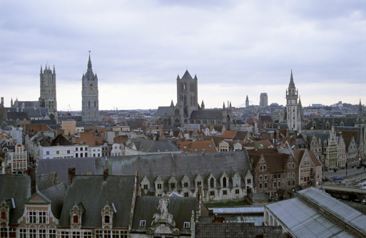 An aerial view of historic Ghent, Belgium with the Belfry and church towers in view. For more images like this one, view my Beautiful Belgium Lightbox.