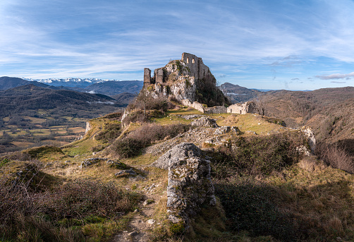 Ruins of the Cathar castle, the Chateau de Roquefixade, in the Ariège region of France