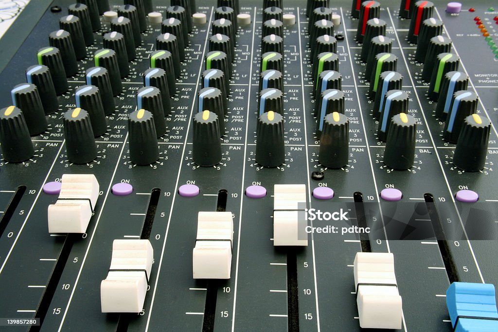 Sliders on Audio Mixer Mixing desk Audio Equipment Stock Photo