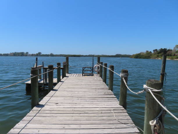 istock Boardwalk wooden pier perspective over ocean with clear sky in background 1398574048