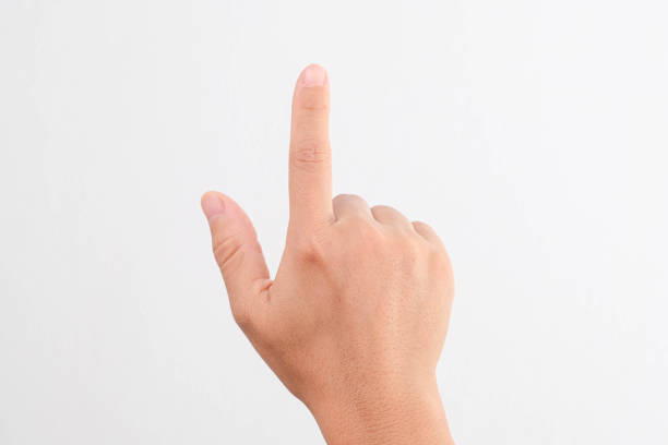 istock Female hands pointing at something or touching virtual screen on white background, closeup. Hand simulating pressing a button. 1398575744