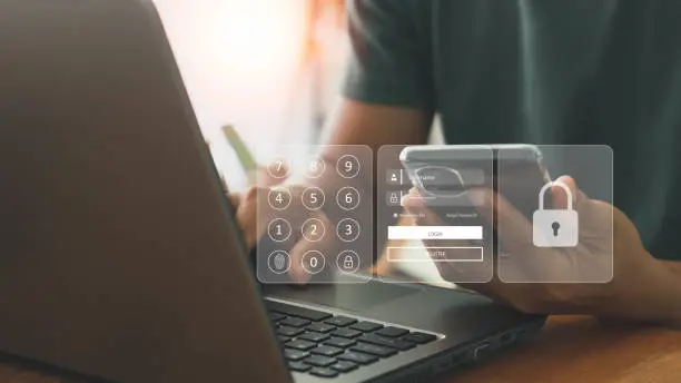 Photo of cyber security in two-step verification, multi-factor authentication, information security and encryption, secure access to user's personal information, secure Internet access, and cybersecurity.