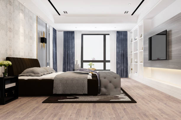 istock 3d rendering beautiful luxury bedroom suite in hotel with tv 1398581326