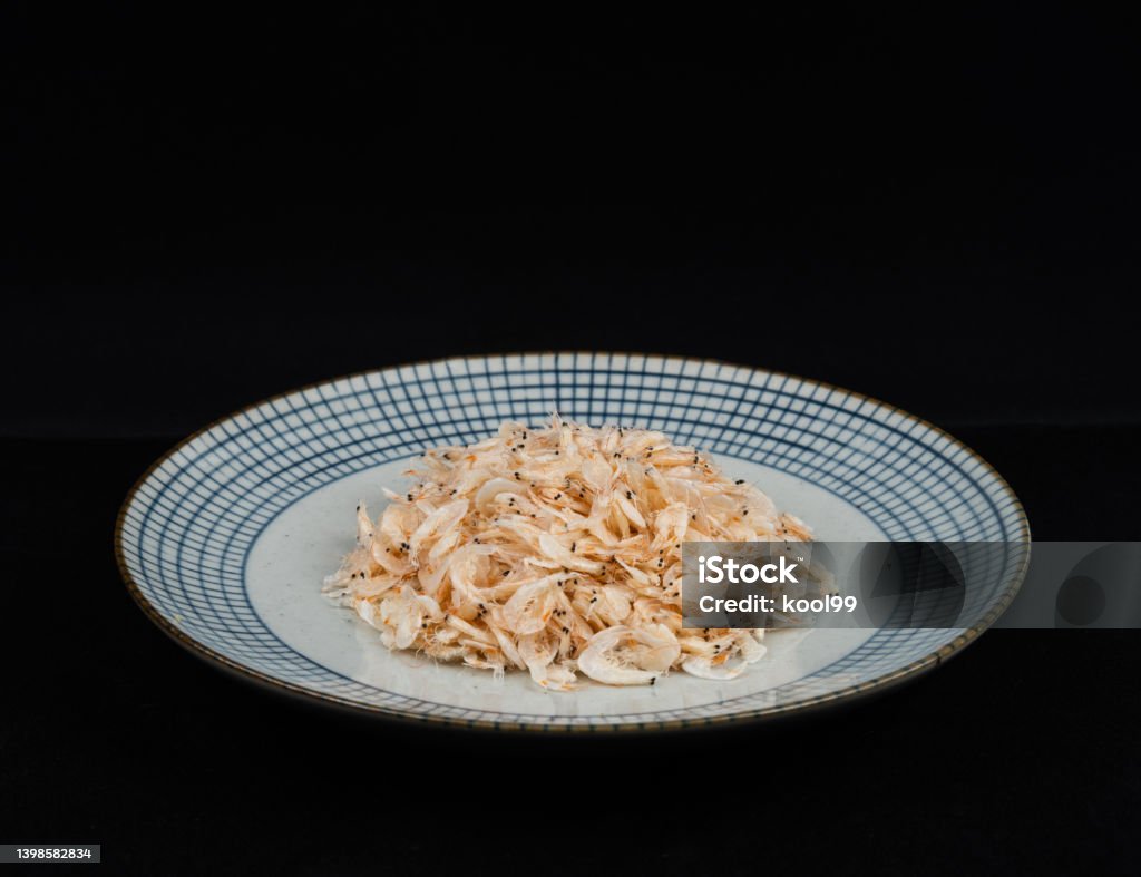 Chinese Food: Dried Small Shrimps on Black Background Asian Food Stock Photo