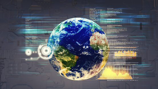 Planet earth and futuristic data information screens . Global network and innovation concept . This is a 3d render illustration .\