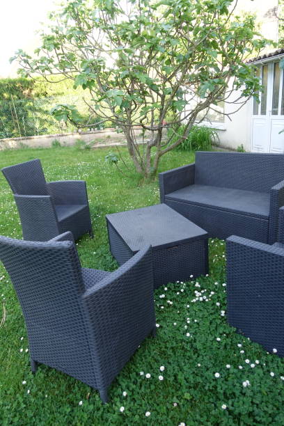 istock Armchairs and garden table on the lawn 1398583902