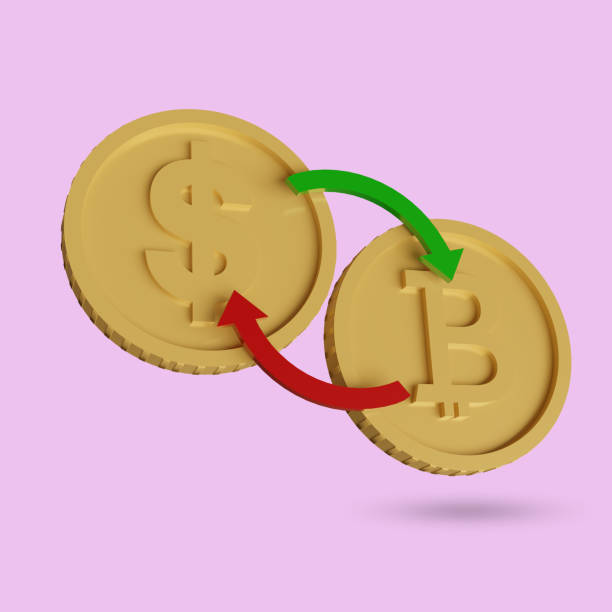 istock dollar and bitcoin symbol coin with arrow, exchange rate concept, 3D rendering 1398587691