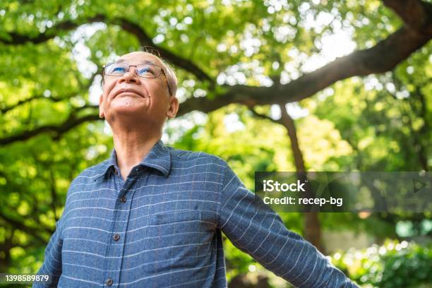 Portrait Of Senior Man With Her Arms Raised Taking Deep Breath In Nature Stock Photo - Download Image Now