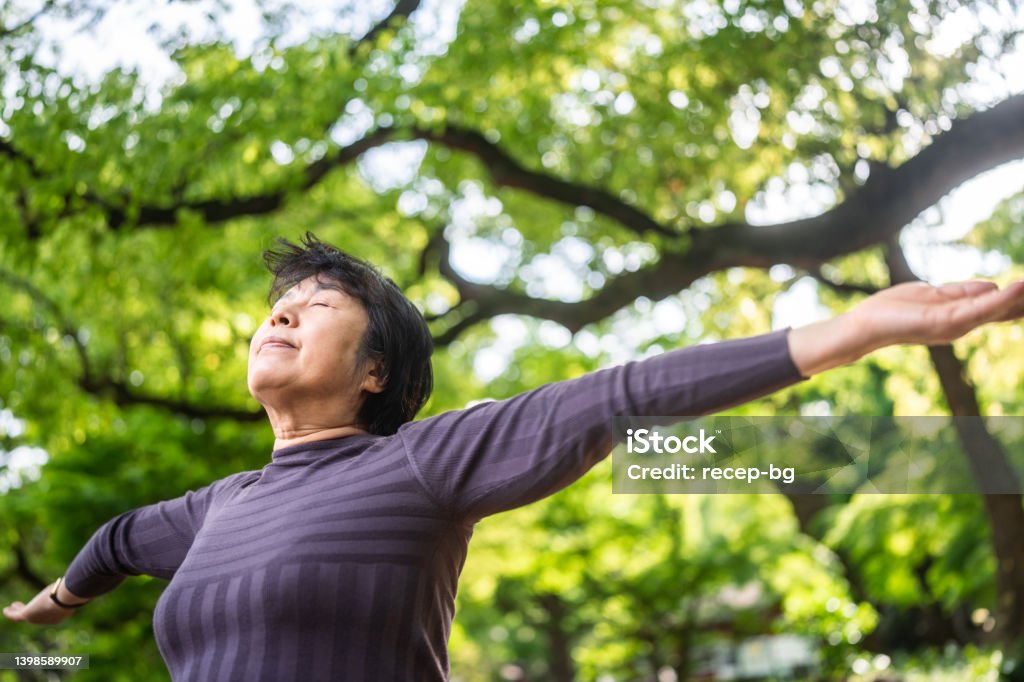 Portrait senior woman with her arms raised taking deep breath in nature A portrait a senior woman with her arms raised is taking a deep breath in nature. Senior Adult Stock Photo