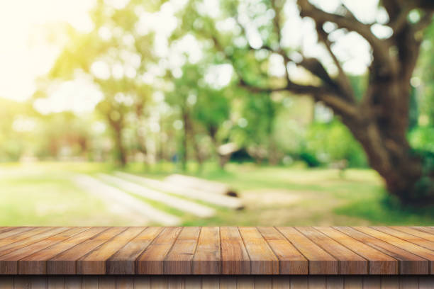 istock Wooden table and blurred green nature garden background with copy space 1398591888
