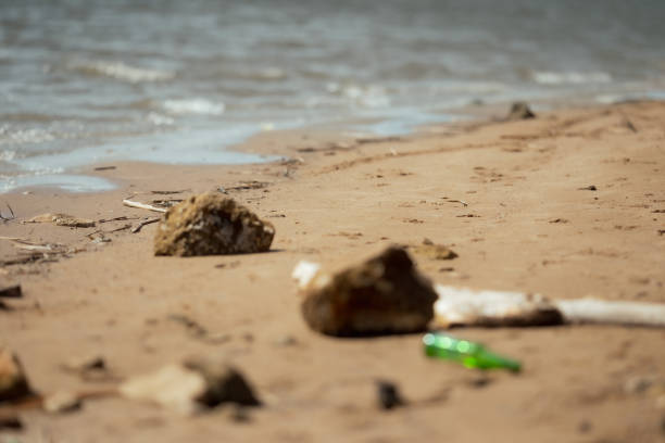 istock Garbage on the dirty beach. Empty glass bottles on the sand. 1398593691
