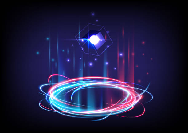 istock Circle teleport podium. Hologram and portal science futuristic stage. Sci-fi digital hi-tech in glowing HUD projector. Magic gate in game fantasy. 3D wave. Blue and red light neon for showing display 1398597080