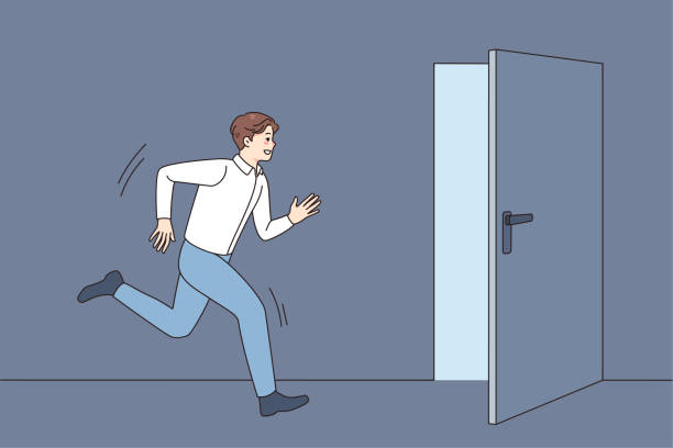 mężczyzna wbiegający w otwarte drzwi - footpath employment issues occupation outline stock illustrations