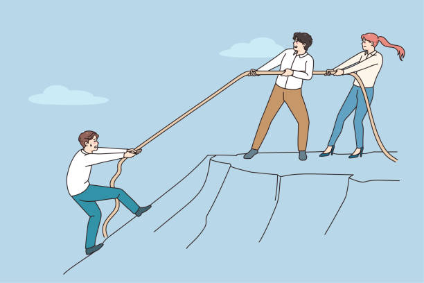 Employees help colleague climb up the rock Diverse employees throw rope help colleague climb up hill. Coworkers help person showing support and unity. Concept of teamwork and collaboration at workplace. Vector illustration. peeking stock illustrations