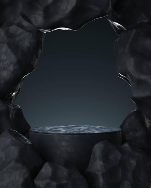 istock Empty black stone product display stage 3d background with frame rock podium stand dark texture platform presentation template or blank mineral pedestal and luxury marble cosmetic backdrop showcase. 1398599015