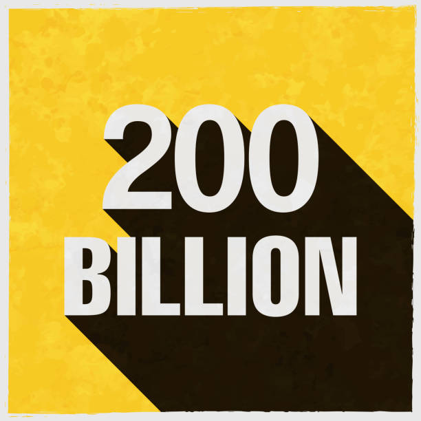 200 Billion. Icon with long shadow on textured yellow background Icon of "200 Billion" in a trendy vintage style. Beautiful retro illustration with old textured yellow paper and a black long shadow (colors used: yellow, white and black). Vector Illustration (EPS10, well layered and grouped). Easy to edit, manipulate, resize or colorize. Vector and Jpeg file of different sizes. billions quantity stock illustrations