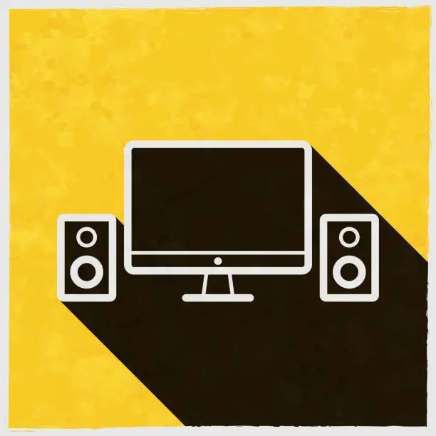 Vector illustration of Desktop computer with speakers. Icon with long shadow on textured yellow background