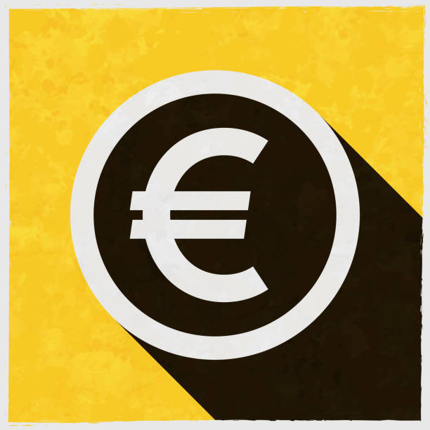 Euro coin. Icon with long shadow on textured yellow background Icon of "Euro coin" in a trendy vintage style. Beautiful retro illustration with old textured yellow paper and a black long shadow (colors used: yellow, white and black). Vector Illustration (EPS10, well layered and grouped). Easy to edit, manipulate, resize or colorize. Vector and Jpeg file of different sizes. background of a euro coins stock illustrations