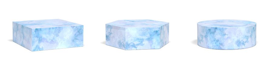Set of blue marble podiums on a white background with clipping path. 3D image
