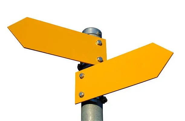Two blank yellow direction signs against a plain white background. Space for text, and clipping path included.
