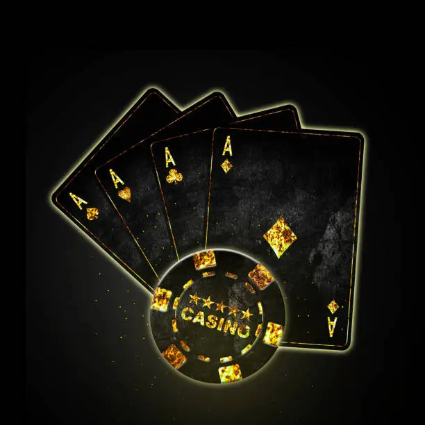 Four Ace, grunge cards, and poker chips, in black background.Copy Space.Casino, Poker background.Playing cards Gambling