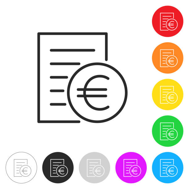 Bill or invoice in euros. Icon on colorful buttons Icon of "Bill or invoice in euros" isolated on white background. Includes 9 colorful buttons with a flat design style for your design (colors used: red, orange, yellow, green, blue, purple, gray, black, white, line art). Each icon is separated on its own layer. Vector Illustration with editable strokes or outlines (EPS file, well layered and grouped). Easy to edit, manipulate, resize or colorize. Vector and Jpeg file of different sizes. invoice pad stock illustrations