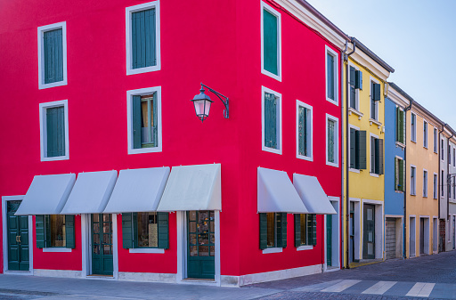 Italy, Montagnana, the colorful houses of Trieste square