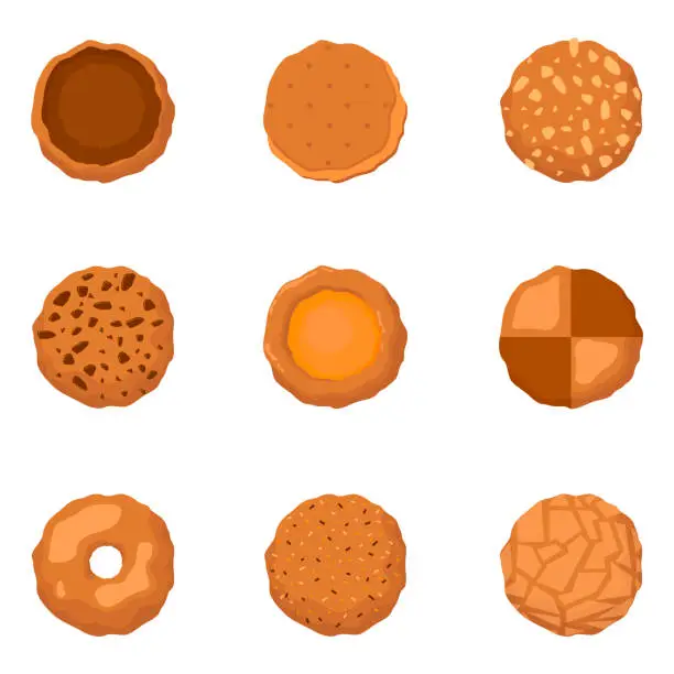 Vector illustration of Set of cookies different forms on white background. Vector illustration of pastries with delicious toppings for holidays in cartoon style.