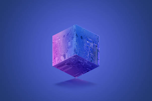 istock Blockchain cube or block with electronic board textures on a blue-purple background 1398605325