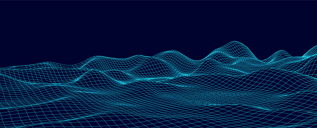 Vector mountain wireframe landscape. Technology polygonal terrain. Futuristic blue background.