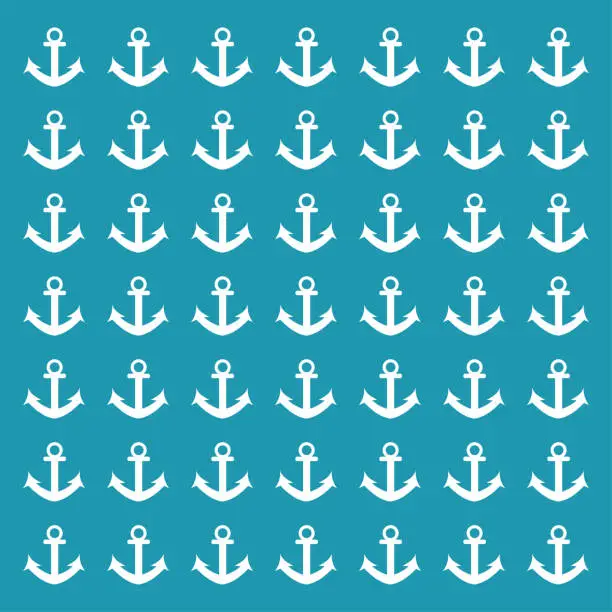 Vector illustration of White anchors pattern on ocean blue background