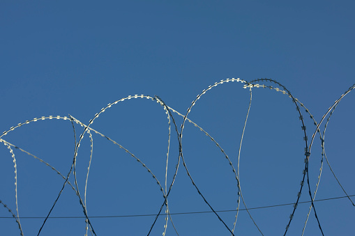 Barbed wire rings on fence. Protected area. Steel wire protection.