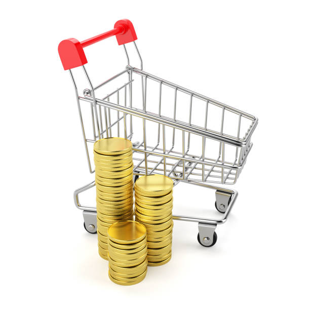 istock Shopping cart and coin stacks isolated on white. 3D rendering. 1398607731