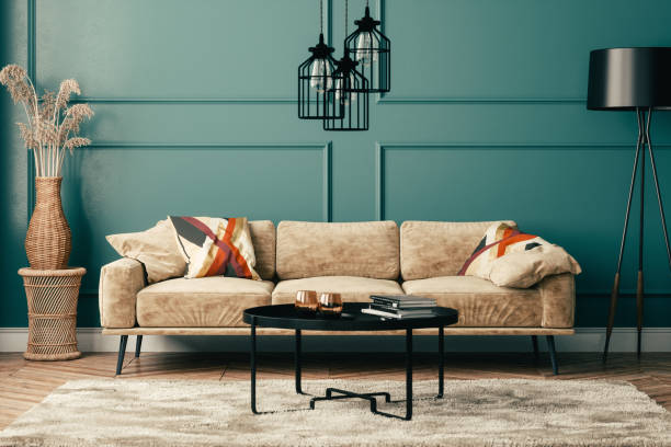 Bohemian Style Living Room Design Bohemian style living room with warm color furniture and green wall. art deco vase stock pictures, royalty-free photos & images