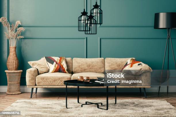 Bohemian Style Living Room Design Stock Photo - Download Image Now - Coffee Table, Living Room, Eclectic Style