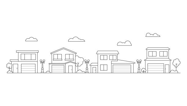 соседская линия арт загородного дома. - village community town house stock illustrations