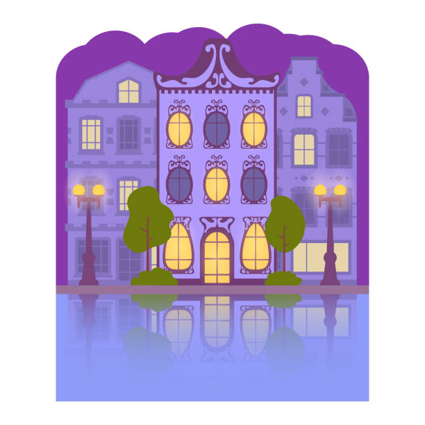夜のアムステルダムオランダの家は川の上にあります。 - amstel river illustrations点のイラスト素材／クリップアート素材／マンガ素材／アイコン素材