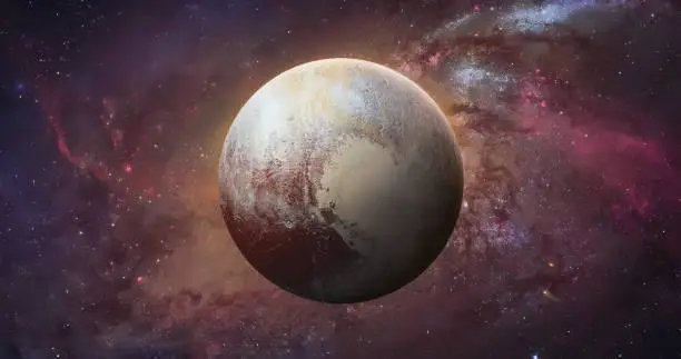 Pluto planet sphere. Exploration and expedition on far planet. Pluto planet in space. Solar system. Elements of this image furnished by NASA (url: https://solarsystem.nasa.gov/system/resources/detail_files/699_nh-pluto-in-false-color.jpg)