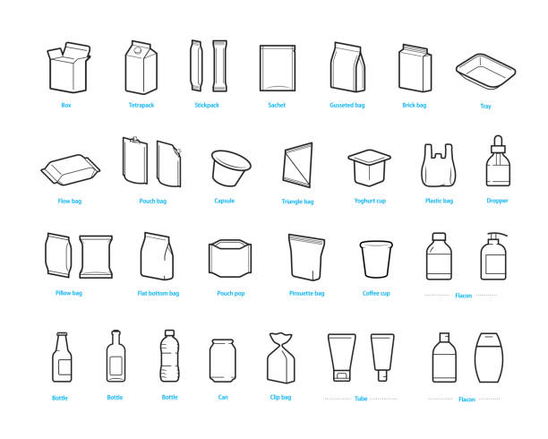 eine reihe von symbolen für verpackungstypen. - packaging stock-grafiken, -clipart, -cartoons und -symbole