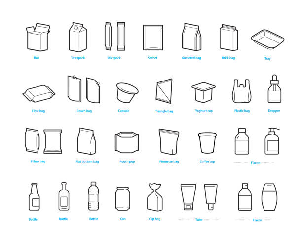 A set of packaging type icons. Vector elements are made with high contrast, well suited to different scales. Ready for use in your design. EPS10. animal pouch stock illustrations