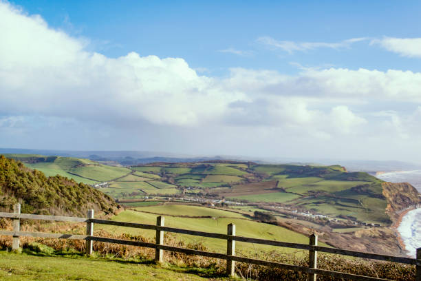 View of Dorset landscape View from Golden Cap in Dorset towards Bridport dorset england stock pictures, royalty-free photos & images