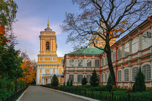 View of the bell tower of the Trinity Cathedral in the current male Orthodox monastery of the Holy Trinity Alexander Nevsky Lavra on an autumn morning, St. Petersburg, Russia