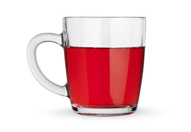 Red color of tea glass with handle on white background