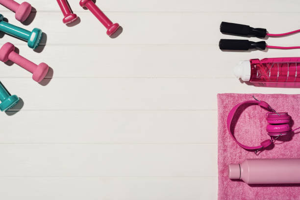 istock Fitness or exercising at home concept, top view with copy space background 1398611682